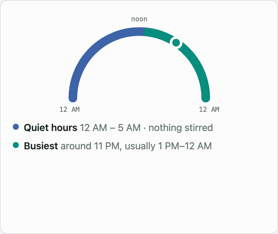 Today's Rhythm — an arc of the day with quiet hours and busiest hours