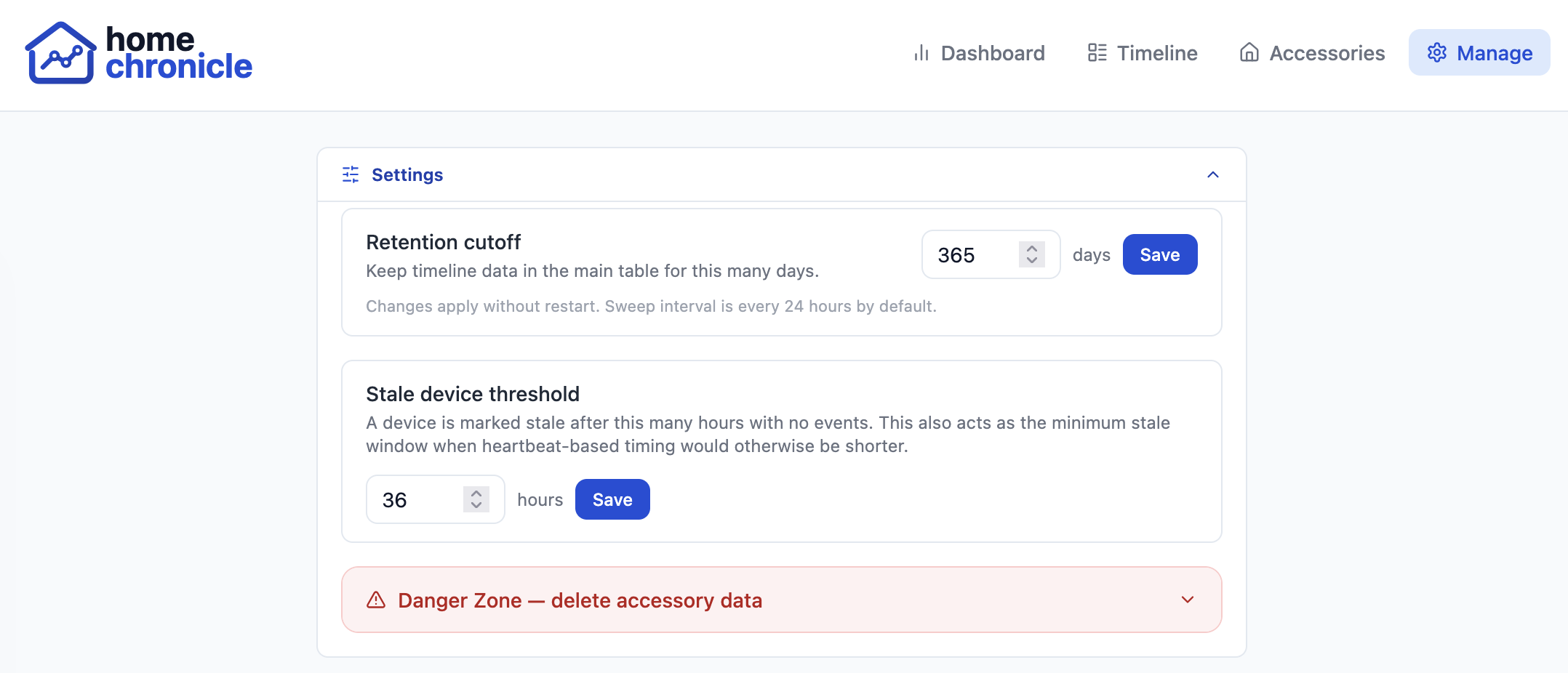 Manage — retention and threshold settings