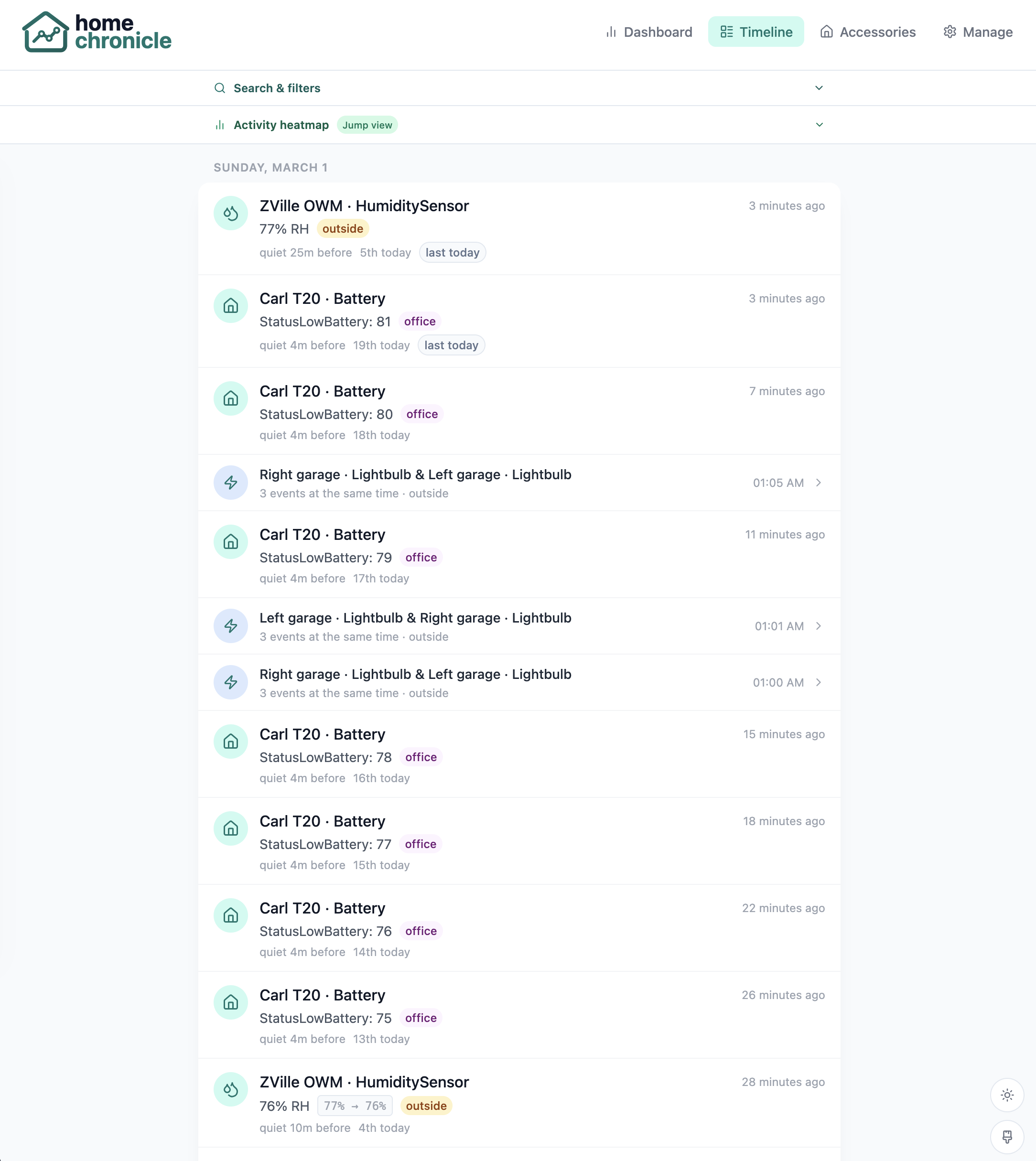 Timeline — live event feed grouped by day